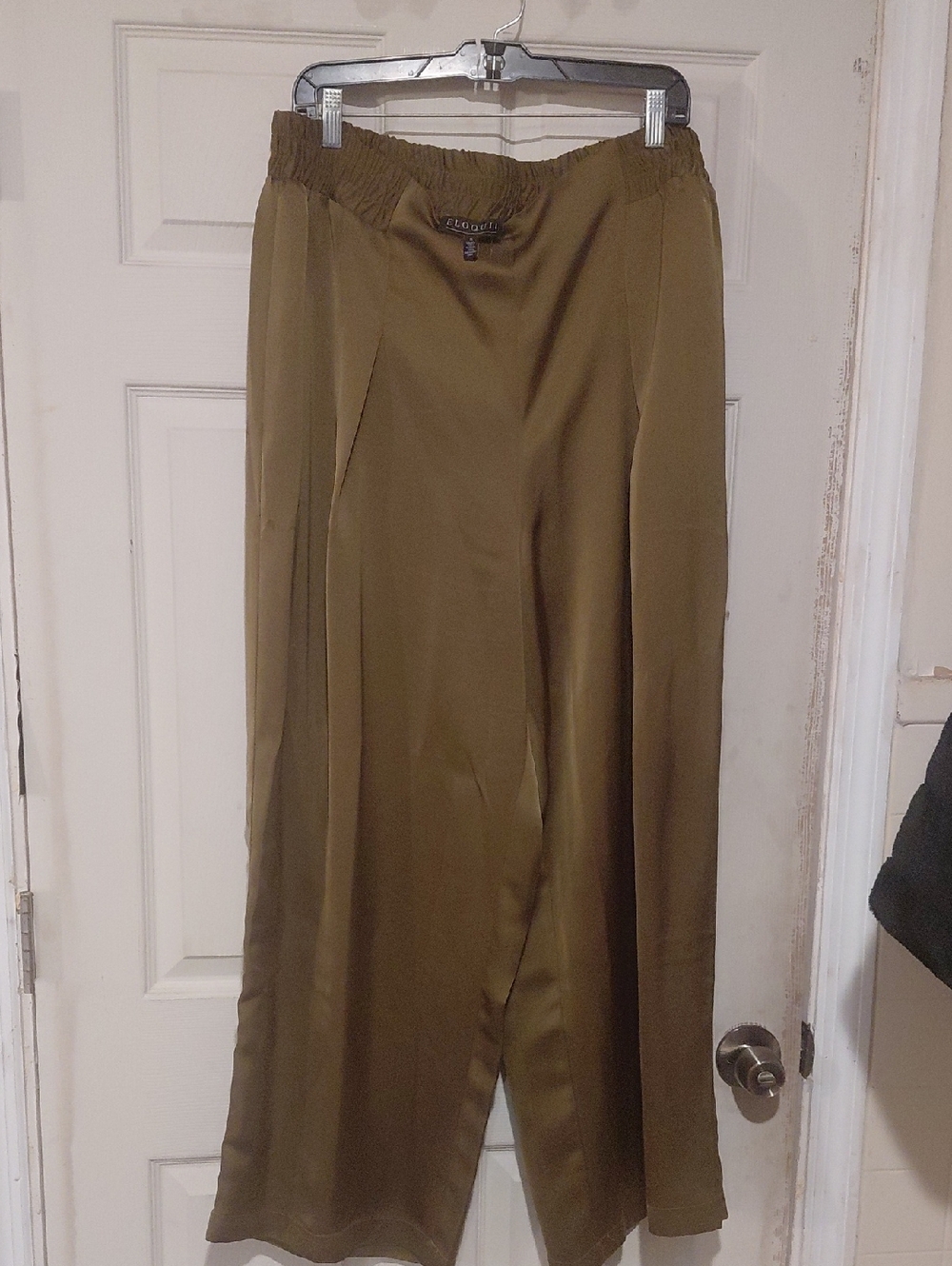 Olive Green ELOQUII Womens Satin Wide-Leg Pants Size 16 Flat Front Elastic Waist